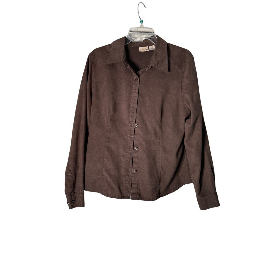 St John's Bay Olive Green Suede Feel Button Up Blouse Women's Size Large‎